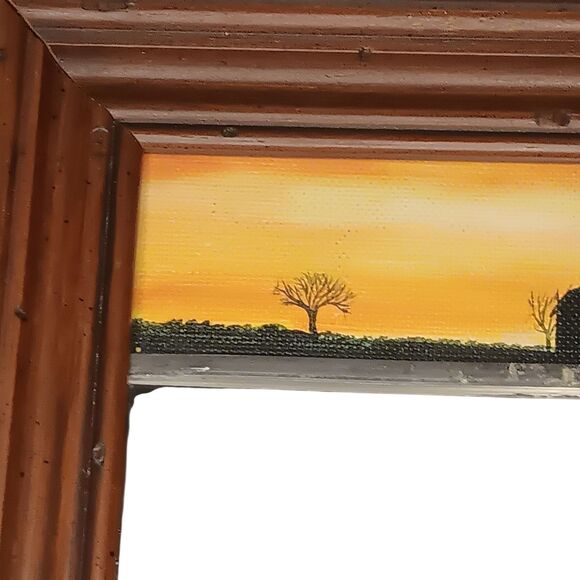Vintage Small Painting W/ Mirror Barn Windmill Landscape Sunset Framed Rustic - Picture 12 of 12